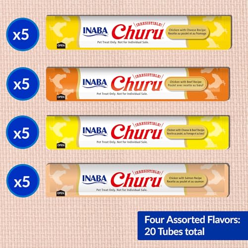 Image of INABA Churu Cat Treats, Lickable, Squeezable Creamy Puree Cat Treat with Green Tea Extract & Taurine, 0.5 Ounces Each Tube, 20 Tubes, Chicken & Beef Variety Box