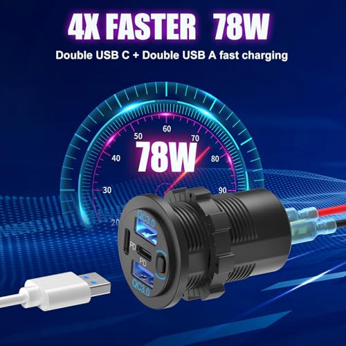 2 opakowania 78 W 4 porty Gniazdo USB 12 V Ładowarka samochodowa, super szybka podwójna PD3.0 i QC3.0 Port USB C wiele do samochodu, wymiana zapalniczki 12 V gniazdo do morskiej łodzi motocyklowej