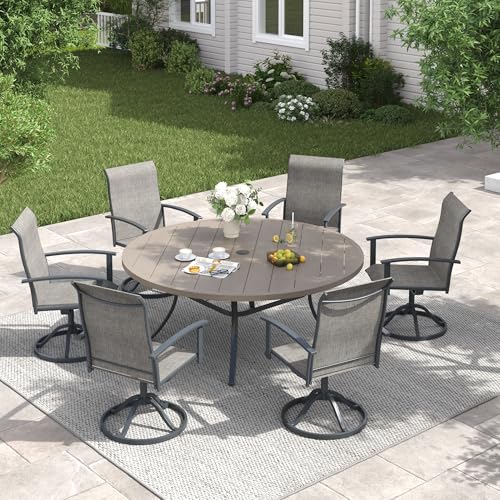 Image of VICLLAX 63 inch Outdoor Round Patio Table with Umbrella Hole, All Weather Metal Round Outdoor Dining Table for Lawn Garden, 8-10 Person Table, Grey Wood Grain