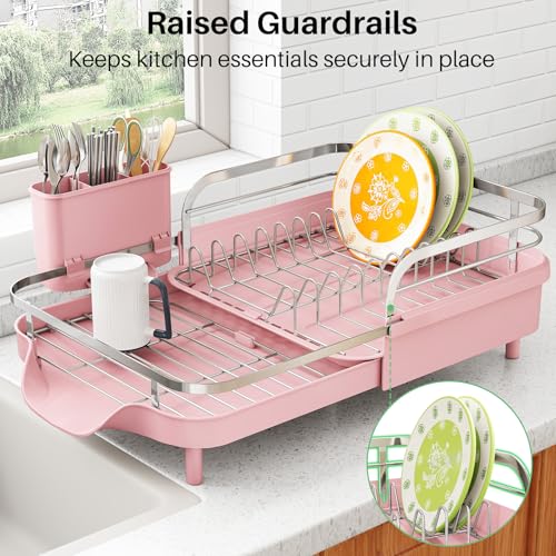 Image of SAYZH Dish Drying Rack - Expandable Dish Rack for Kitchen Counter, Rust-Resistant Dish Drainer with Utensil Holder and Raised Guardrail, Kitchen Organizer for Cup and Bottle (Pink)