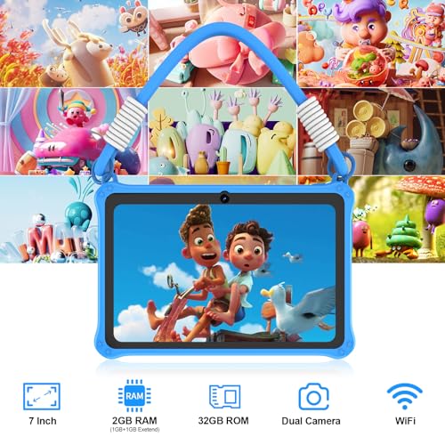 Image of PRITOM 7 inch Kids Tablet with Lanyard, 32GB Toddler Tablet Android 13 with WiFi, Dual Camera, Education, Games, Kids Software Pre-Installed, Parental Control, Blue