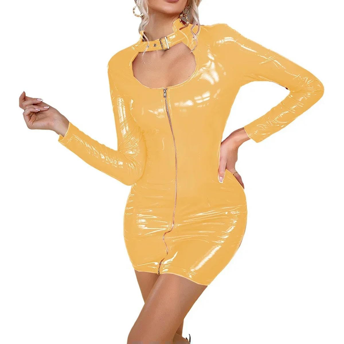 Vestido corto de manga larga para club, de piel de PVC, con cremallera, ajustado, para fiesta