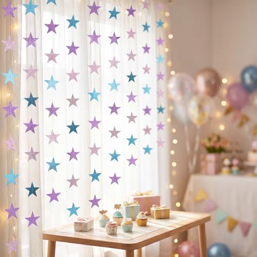 Image of Patelai Glitter Star Garland Banner 2026 Graduation Decor 130 Feet Star Hanging Banner Twinkle Backdrop for Party Birthday Classroom Wedding Supplies (Purple, Pink, Blue)