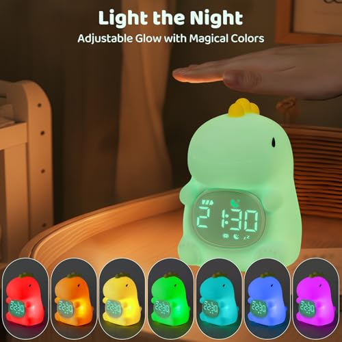 Image of Dinosaurs Alarm Clock with Night Light for Kids with Sleep Training and Sound Machine, Rechargeable Silicone Lamp OK to Wake Clock,Cute Animal Tabletop Lamp, Perfect Sleep Companion for Boys Girls