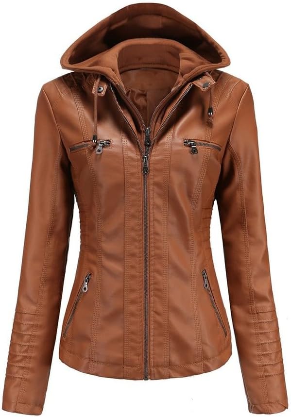 Generic Design Jacket for (Couleur : Camel) (SIZE: 3XL) Womens Faux Leather Zip Up Winter Coats Jackets Biker Hooded Tops PLUS SIZE
