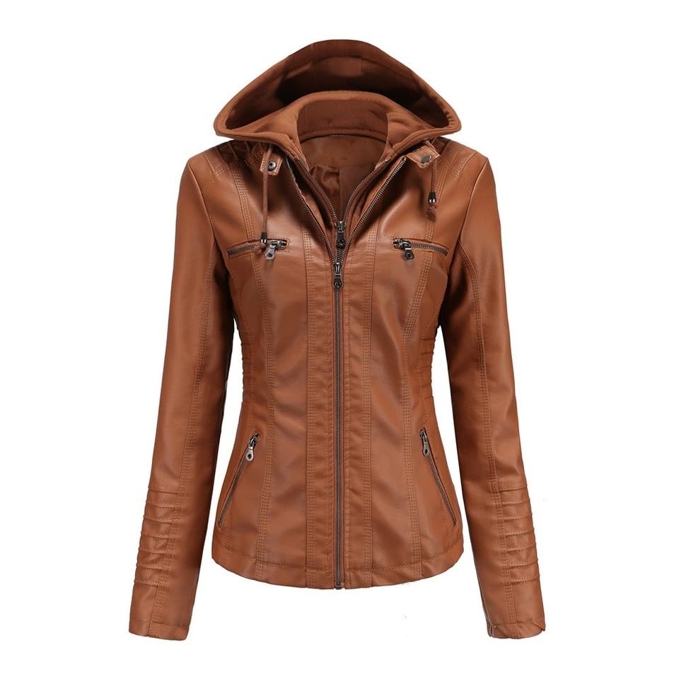 Manteaux d'hiver en similicuir camel anti-froid pour femme avec capuche et zips ajustables