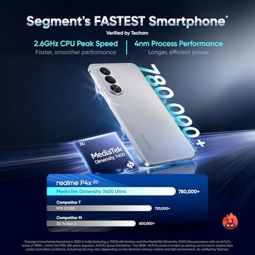 Image of realme P4X Smartphone 6.72 inch 144Hz Display 7000mAh Titan Bettery 45W Fast Charge 6GB RAM 128GB ROM Dimensity 7400 Ultra 5G Chipset IP64 Waterproof Dual SIM (Matte Sliver)