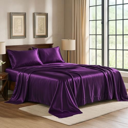 Satin Sheets Queen [4-Piece, Purple] Hotel Luxury Silky Bed Sheets - Extra Soft 1800 Microfiber Sheet Set, Wrinkle, Fade, Stain Resistant - Deep Pocket Fitted Sheet, Flat Sheet, Pillow Cases
