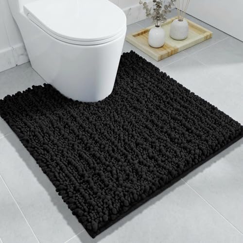 Black Toilet Rug 24x24 in, U-Shaped Washable Bathroom Floor Mat | Soft Shaggy Bathroom Mat for Toilet, Plush Absorbent Chenille Contour Rug, Non-Slip Quick-Drying Pedestal Base Rug