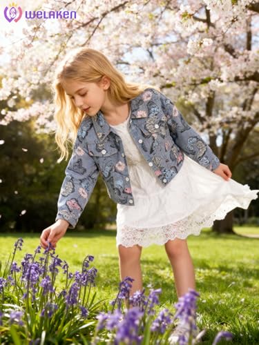 Image of WELAKEN Print Denim Jacket for Girls & Kids II Little Girl's Button Down Crop Jean Jacket Coat