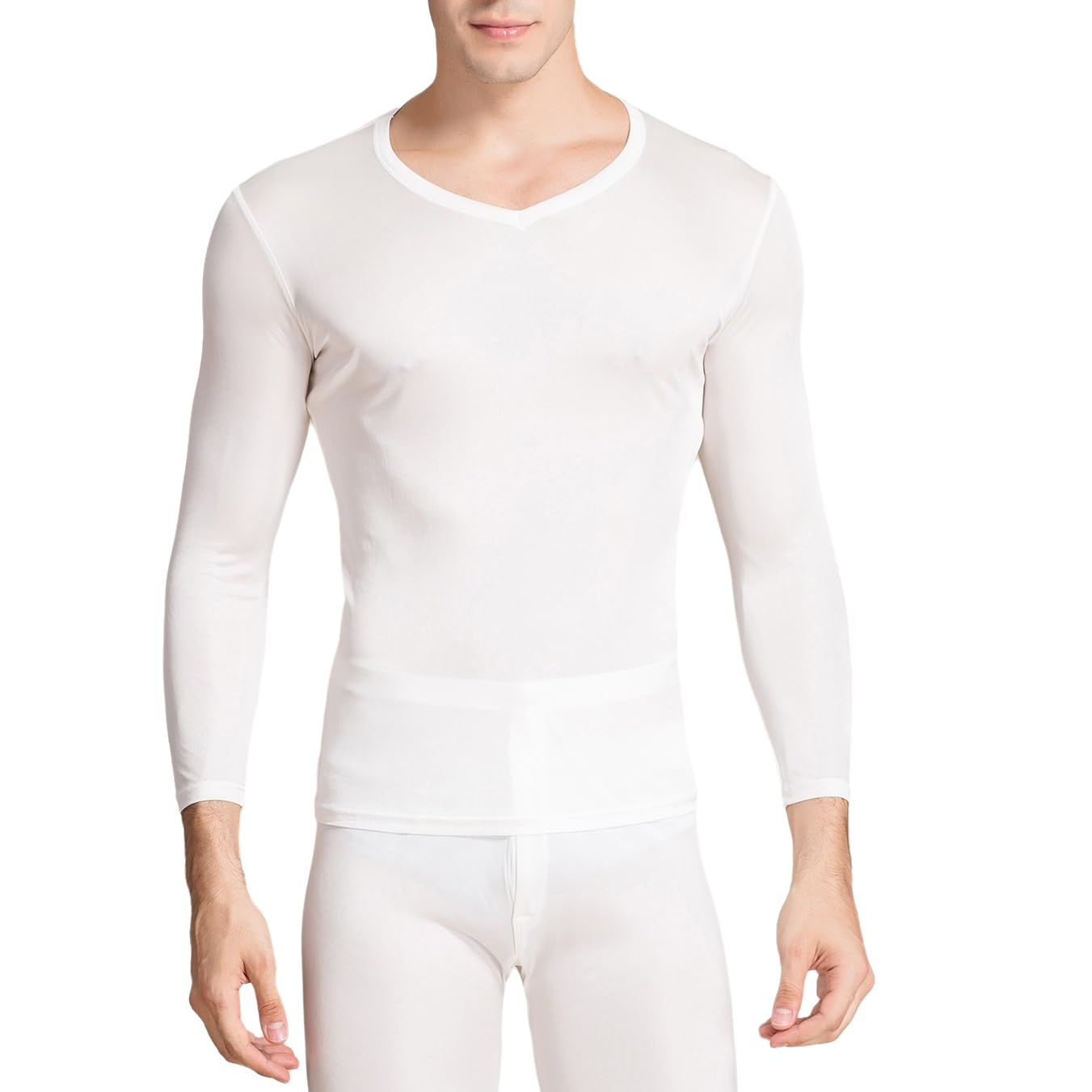 Chemise à manches longues en soie pour homme - Sous-vêtement thermique - Col en V - Couche de base en soie de mûrier