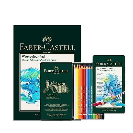 Faber-Castell Bloc de acuarela A4 y lata de 12 lápices de acuarela Albrecht Dürer, juego de arte para libros de colorear para adultos, suministros de manualidades, dibujo, bocetos, lápices resistentes