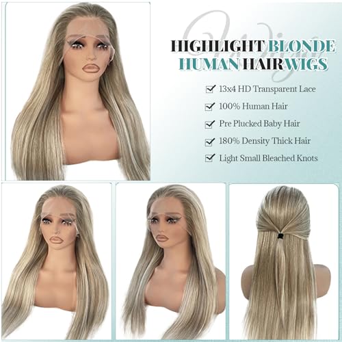 Image of Munx Ash Blonde Human Hair Lace Front Wig for Women 18in, Straight 13x4 Transparent HD Lace Frontal Wigs Thick 180% Density Ombre Brown Colored Lace Front Human Hair Wigs Bleached Knots