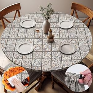 Fitted Round Tablecloth for 37-46″ Tables Farmhouse Stain Resistant Vinyl Manteles Redondos para Mesa Kitchen Apartment Equipment Picnic Camping Products Womens Mens Cool Useful Gift Ideas