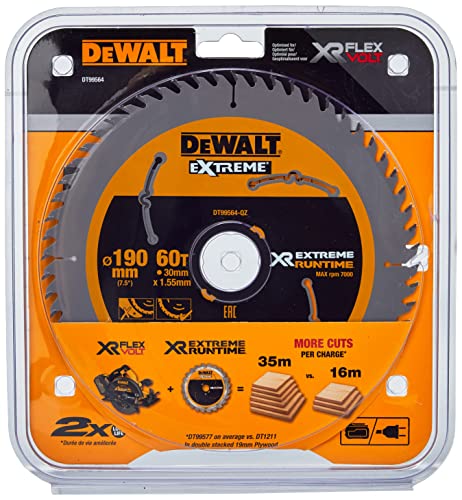 DeWalt DT99564-QZ - Hojas para Sierra Circular portátil XR Extreme RUNTIME 60D 25º, Negro/Amarillo, 190/30mm 60WZ/FZ