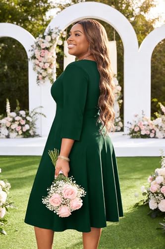 Image of Runwind Women's Plus Size Midi Dress 3 /4 Sleeve Fit and Flare Cocktail Dresses Casual V-Neck Dress with Pockets