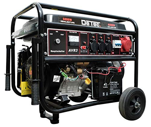 DeTec. Stromgenerator Benzin 15 PS mit E-Start I mobiler Stromerzeuger 400V 3-Phasen + 3x 230V 6,3KW 6300W 50Hz I 3-Phasen Generator 4 Takt Benzinmotor 420ccm I Stromaggregat leise 78dB(A)