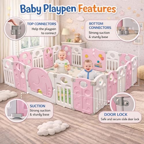 Image of 18 panel Playpen for Babies upto 5 year with Mat and Balls Foldable Baby Play Area Indoor Setup Play Yard Fence for Toddlers Kids Playarea Setup Outdoor Children Play Pen with Gate Baby Playpen(6 * 6 FT=36 SQFT, Pink)