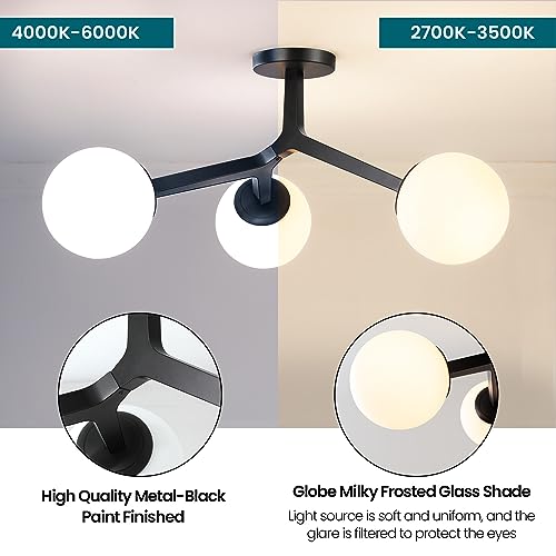 Image of Semi Flush Mount Ceiling Light Fixture 3-Light Black Modern Gold Chandelier with Globe Milky Frosted Glass Shade E12 Sputnik Ceiling Light for Kitchen, Hallway Light Fixtures Ceiling