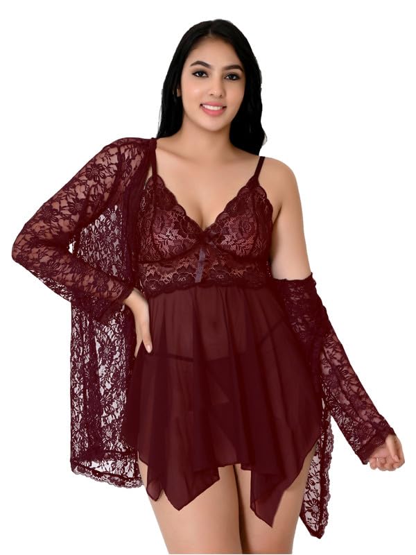 Image of Net Lace Spandex Women Babydoll Nightgown Honeymoon Lingerie Nighty