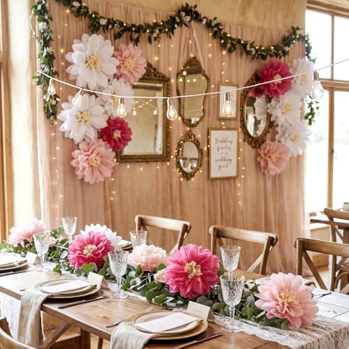 Image of Cholemy 24 Pcs Tissue Paper Flowers, Crepe Paper Flowers Decorations 8 inch 10 inch 12 inch for Wedding Party Baby Bridal Shower Carnival Party Birthday Nursery Wall Decor (Pink,White)