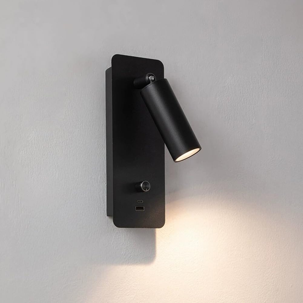 LOGT LED Wall Lamp, Swivel with Switch, 7W Adjustable Wall Light with USB Charging Function, A+C Warm White 3000K, Wall-Mounted Reading Lamp, Dimmable, Modern Bedside Light for Bedrooms,Black
