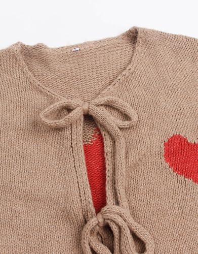 Image of Women's Tie Cardigan Sweaters Long Sleeve Chunky Knit Big Cute Heart Sweater Coats Khaki Large