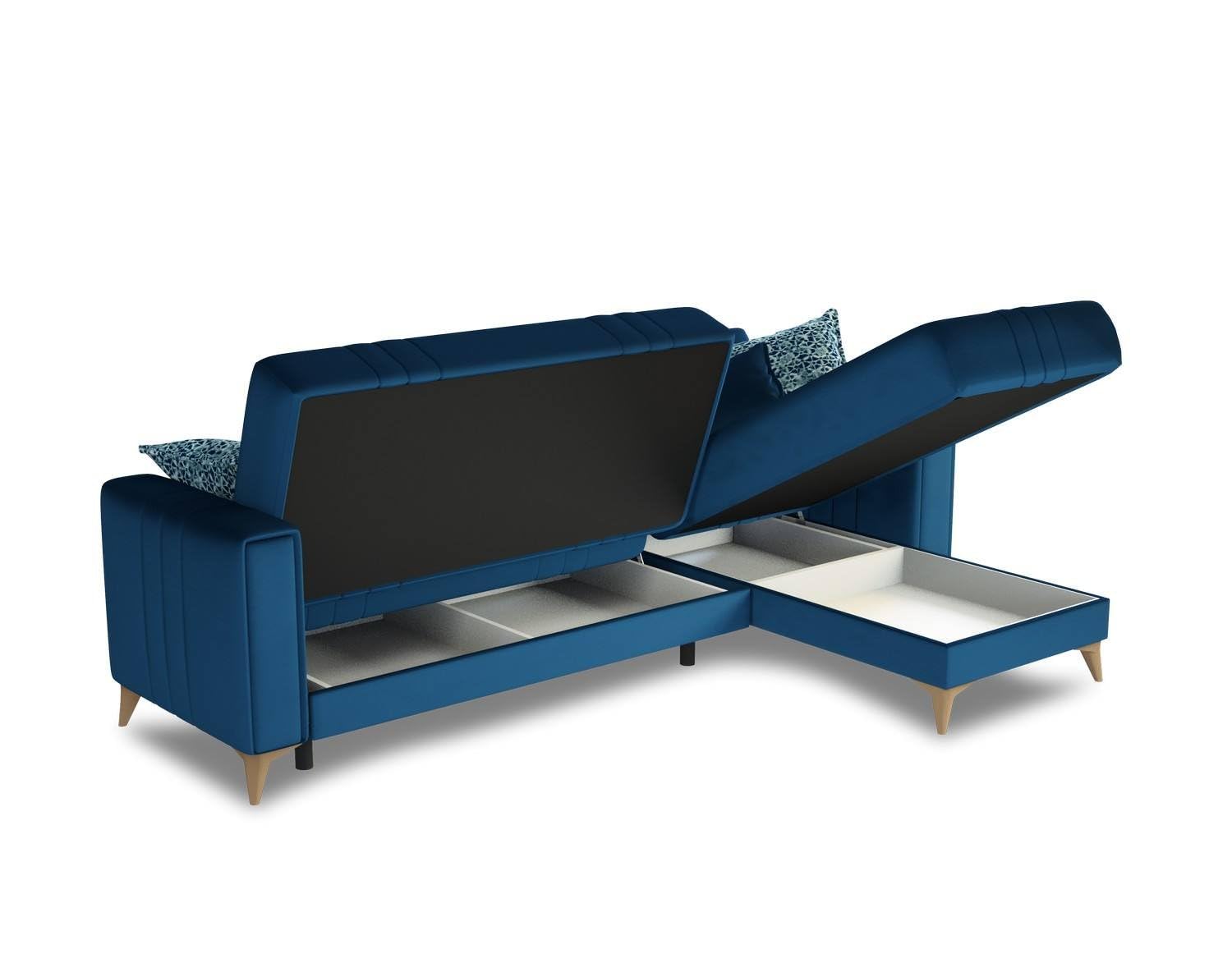 Divano Letto con penisola Miguel, Divano Contenitore ad Angolo con 3 Cuscini, Sofà in Tessuto con Apertura Click-clack, 225x151h84 cm, Blu