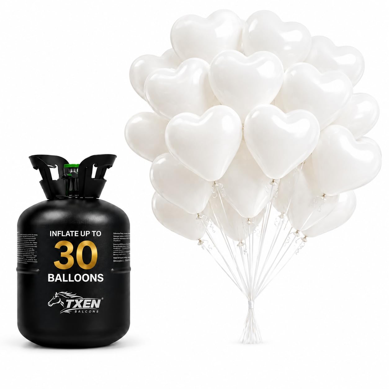 TXEN 7L Disposable Helium Tank, Portable Balloon Helium Cylinder, Fills Up to 30 Latex Balloons, Includes 50 White Heart Balloons and Ribbon, Easy, Fast, No Refill, Party Ready
