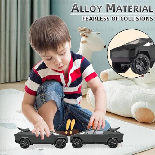 Image of 1:32 Scale Die-Cast Tesla CyberTruck with Pick-Up Trailer with 6 Openable Doors Pull Back Toy Car with Lights & Music Toy Car Gift for Kids (1:32 Cybertruck - Black)