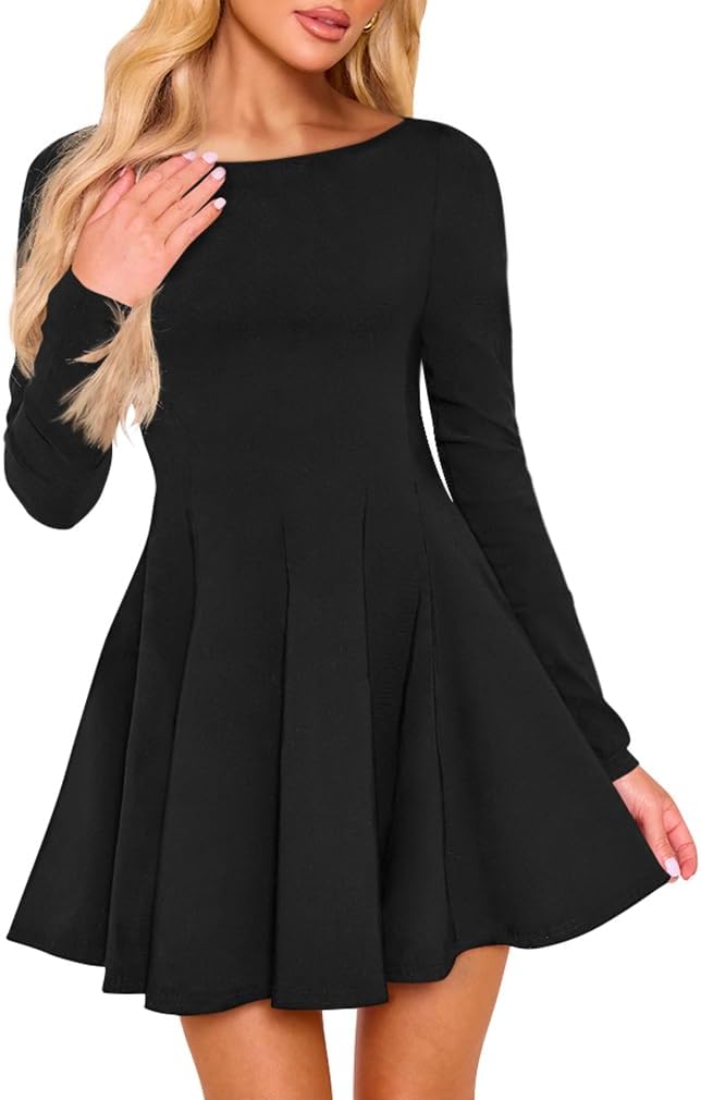 XXTAXN Women's Sexy Crew Neck Long Sleeve Ruffle Hem Cocktail Party Corset Mini Dress