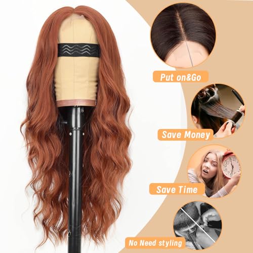 Image of AISI HAIR Ginger Wig for Women, Long Wavy Lace Hairline Middle Part Synthetic Heat Resistant Wig for Daily Party-26 Inch