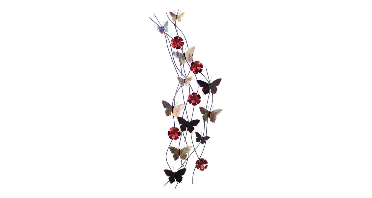 Kunstloft® Extravagante Escultura de Pared de Metal 'Banda de Mariposas' 48x134x8cm | Decoración XXL Metal Arte | Delicadas Mariposas Flores Multicolor | Cuadro Hecho a Mano Arte Moderno