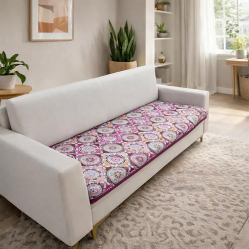 Image of Homerz Premium 7 (3+2+2) Seater Velvet Sofa Panel Cover with Digital Prints | Anti-Slip Backing (Pink Rangoli, 7 (3+2+2) Seater)