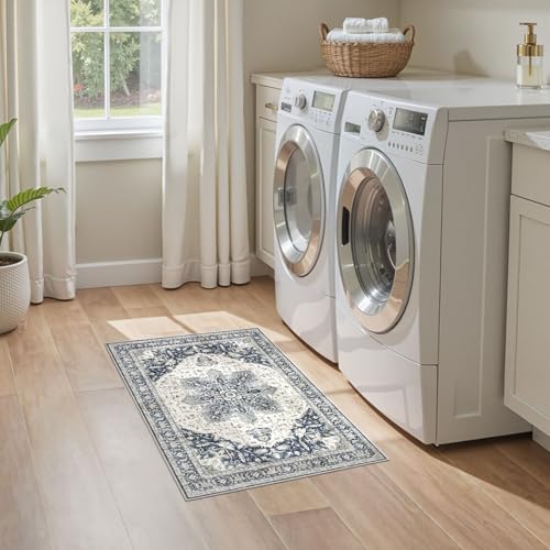 Tortania Area Rug 2x3 Doormat - Washable Vintage Oriental Farmhouse Soft Thin Indoor Carpet for Living Room Bedroom Hallway Entryway Kitchen - Indigo