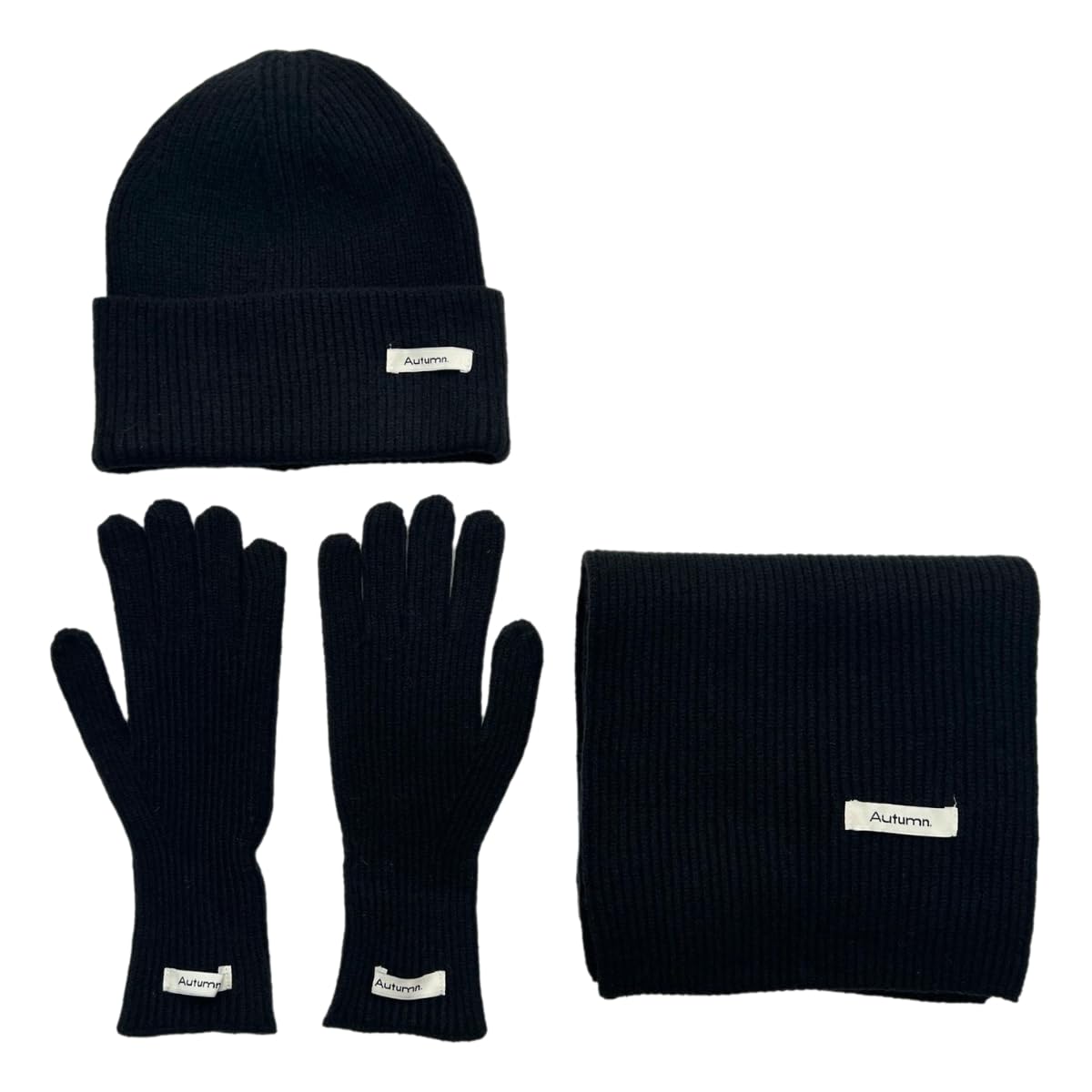 Set de gorro, bufanda y guantes de punto negro unisex para otoño e invierno