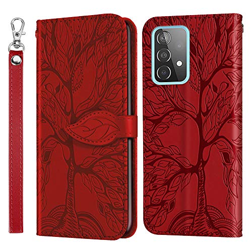 Étui portefeuille cuir Samsung Galaxy A52 5G rouge avec support magnétique et dragonne