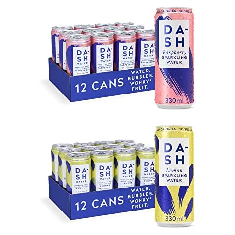 Dash Water Raspberry & Lemon - 24 x Flavoured Sparkling Spring Water NO Sugar, NO Sweetener, NO Calories - Infused with Wonky Fruit (12 Raspberry & 12 Lemon x 330ml cans) Cover