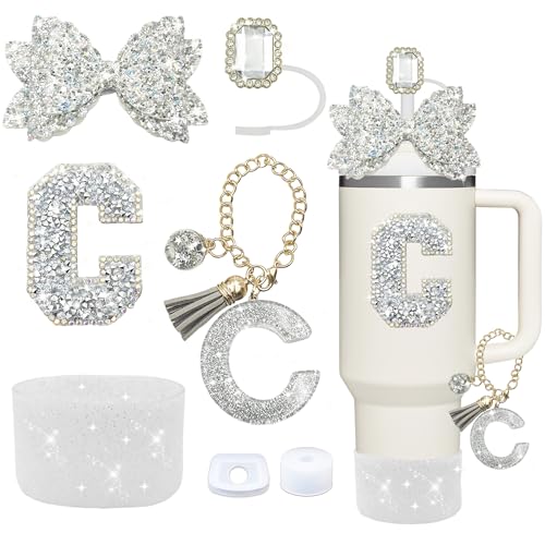 Liangang 7PCS Silver Stanley Cup Accessories Set Initials Decorations for Stanley Cup 30oz/40oz Includes Straw Topper Spill Proof Stopper Handle Charm Silicone Boot Letter Sticker Bow(Silver C)