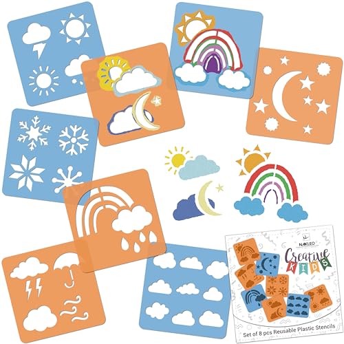 NAKLEO Painting Stencils for Kids 8 Pcs Set 15x15cm Weather, Children Creative Drawing Templates Plastic and Reusable