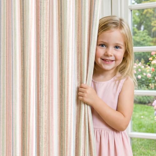 jinchan Linen Curtains for Living Room Candy Striped Curtains 84 inch Length for Baby Girls Kids Room Ticking Stripe Pattern Light Filtering Nursery Drapes Grommet Window Treatments 2 Panels Candy