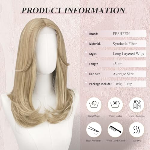 Image of FESHFEN Lace Front Hairline Wigs with Bangs, Synthetic Natural Looking Long Layered Straight Hair Wig for Women Daily Party Costume, 18 inch Blonde Highlights