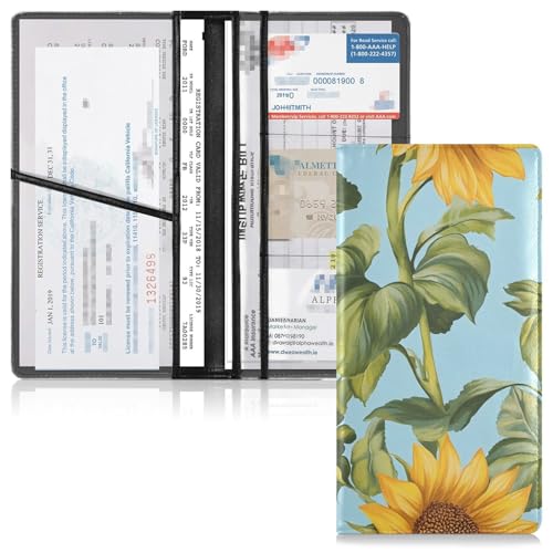 GuoChe Pu Leather Car Registration & Insurance Card Holder Men Women Truck Accessories for Cards, Essential Document Driver License Sunflower Blue Pattern3