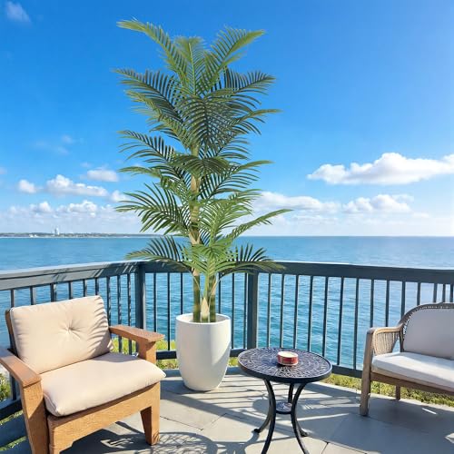 Image of Nafresh 7ft Ultra-Full UV Resistant Fake Golden Cane Palm Tree with Triple Trunks, 84in Tall Artificial Palm Tree Indoor Outdoor, Faux Palm Plant for Living Room Home Office Patio Garden Decor