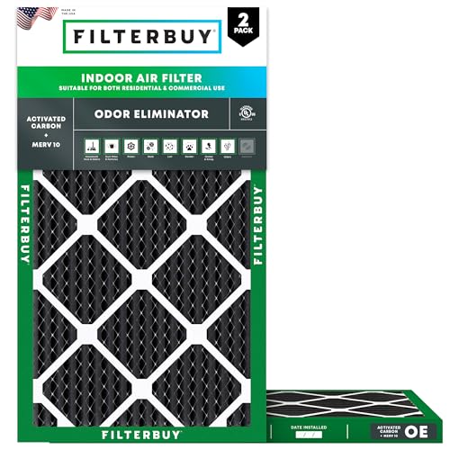 Filterbuy 12x24x1 Air Filter MERV 10 Odor & Allergy Defense with Activated Carbon (2-Pack), Electrostatic Pleated HVAC AC Furnace Filters Replacement, Made in USA (Actual Size: 11.50 x 23.50 x 0.75)