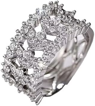 Hollow Flower Ring Rhinestone Flower CZ Paving Half Eternal Band Ring Simulated Diamond Sterling Silver Filigree Leaf Vintage Bridal Promise Engagement Ring for Her8