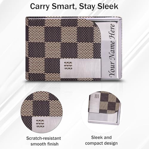 Image of Mini2buy Customized Unisex Vertical Card Holder Name Engraved for Credit|Debit|ATM|Business Visiting RFID Blocking Stainless Steel (1 x 10 x 6 cm) Personal Corporate Gift (LV Brown)