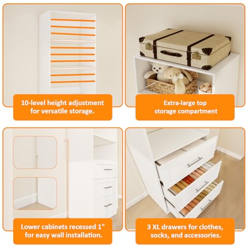 Closet System with 6 Drawers & 8 Shelves, Wood Closet Organizer System with 2 Extra Hanging Rod for Walk in Closet, Modular Closet Organizer System White(4FT) - Image 5