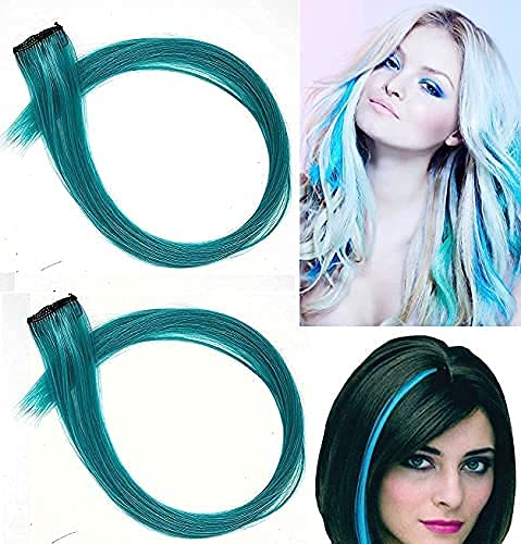 Image of Reusable Coloured Hair Streaks Extensions For Women Hair Coloured Hair Extension For Girls Set of 2 Pcs (Dark Sea Green)