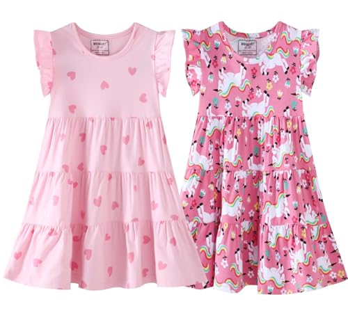 MSSMART Little Girls Dresses Summer Cotton Midi Casual Ruffle Tank Sleeveless Tiered A-Line Swing Sundress Clothes Pink Hearts Size 3t